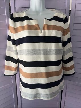 TALBOTS Striped V-Neck Knit Top in Cream, Navy, Black & Tan